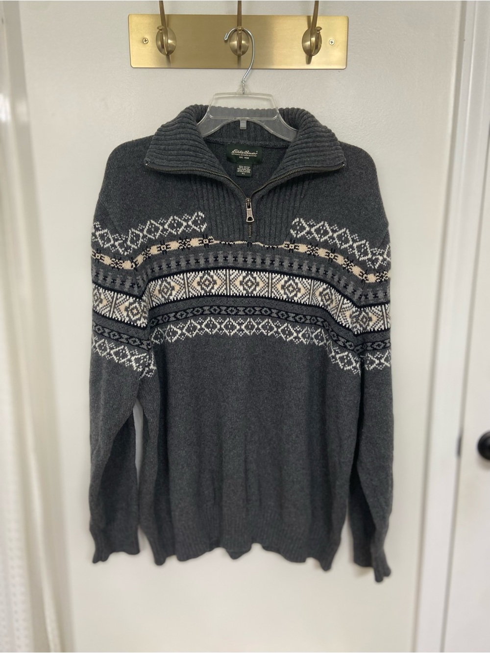 Eddie Bauer XL Fair Isle Quarter Zip Sweater Lambswool Blend Gray Nordic Y2K
